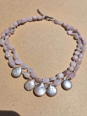 Pink Kunzite and Pearl Drop Necklace